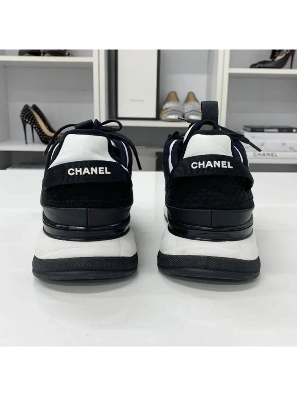 Chanel CC Logo Fabric Leather Sneakers Black White